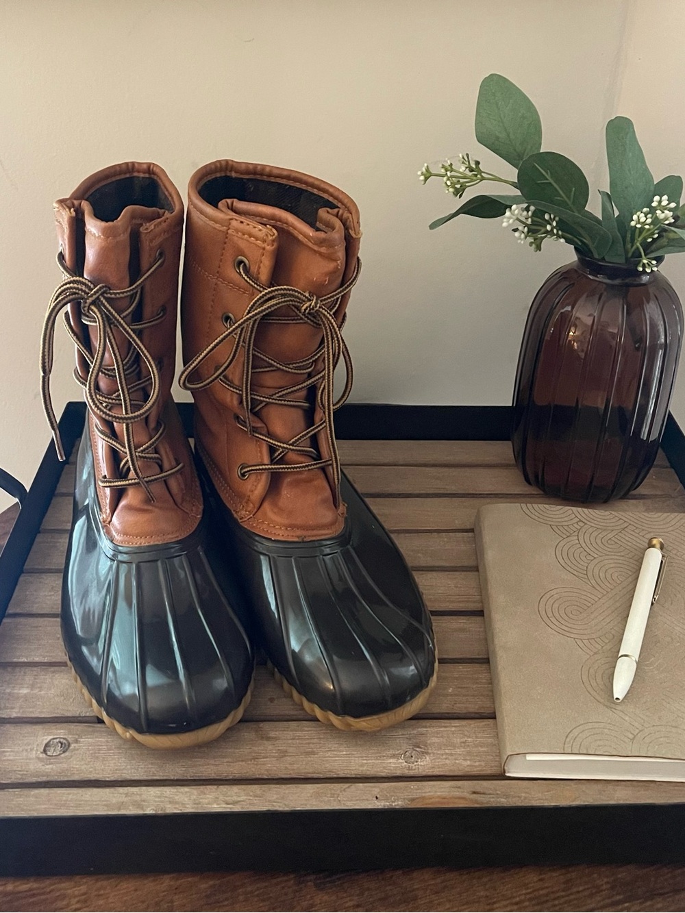L.L. Bean Brown Leather and Black Rubber Lace-Up Duck Boots